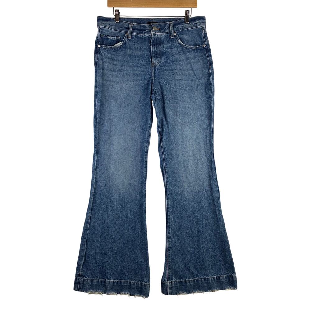 Express 70s Flare Mid Rise Jeans Women’s 8 100% Cotton Cuff Hem Medium Blue Wash